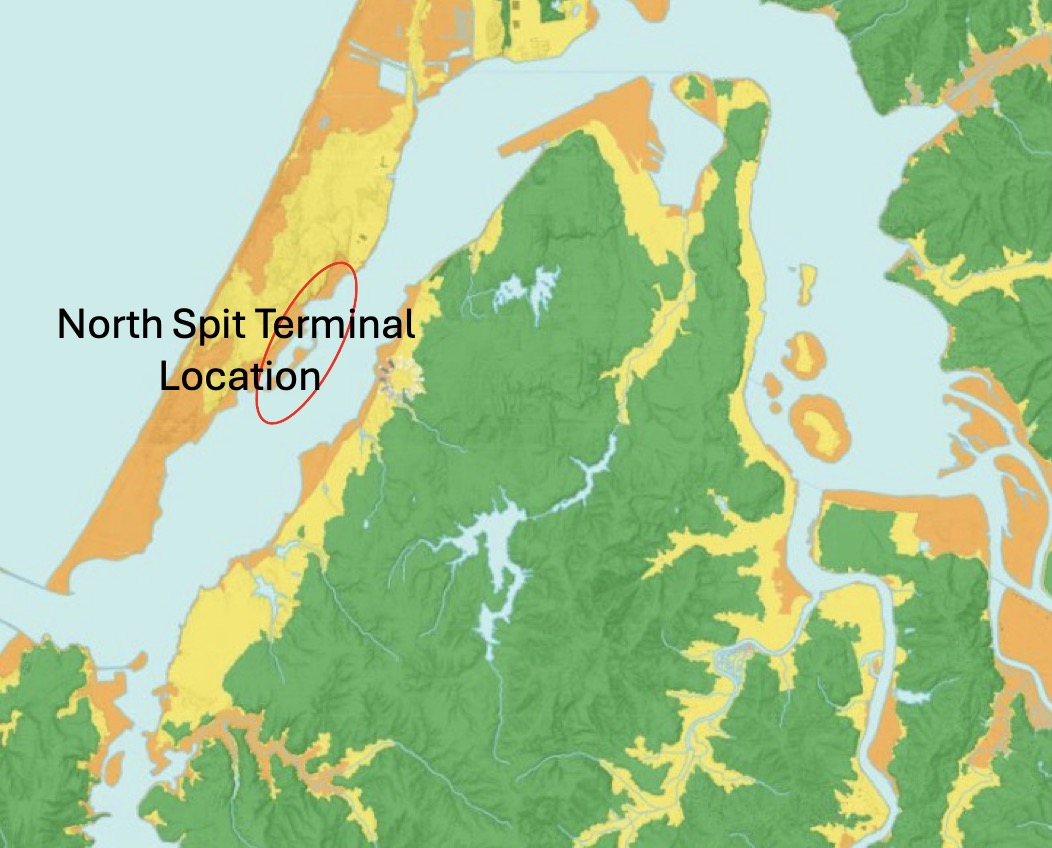 Map of tsunami risks in Coos Bay. Orange: distant tsunami | Yellow: local tsunami | Green: Outside tsunami zone.